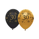 6 Ballons latex Noir et or 30 ans