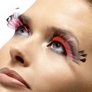 Faux cils longs roses et noirs avec petites plumes noires adulte