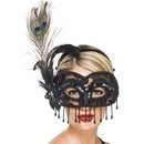 Loup noir dentelle et sequins plumes de paon adulte