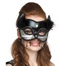 Masque chat noir et argent avec fourrure sexy femme